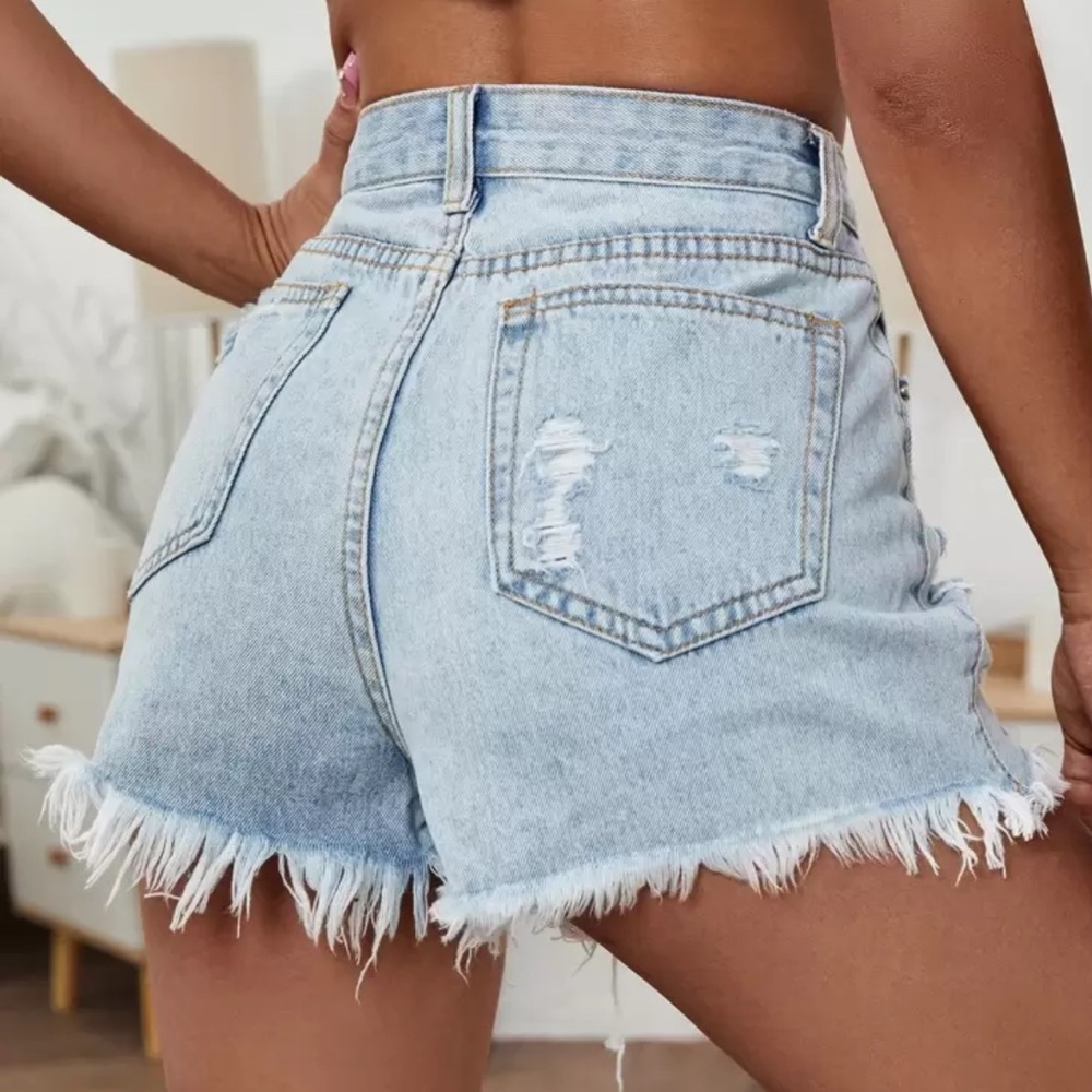 Raw Hem Distressed Denim Light Blue Shorts - Picture 2 of 6